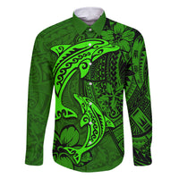 Polynesian Dolphin Valentine Day Family Matching Off Shoulder Short Dress and Hawaiian Shirt Hibiscus and Tribal Tattoo Green Style LT03 Dad's Shirt - Long Sleeve Green - Polynesian Pride