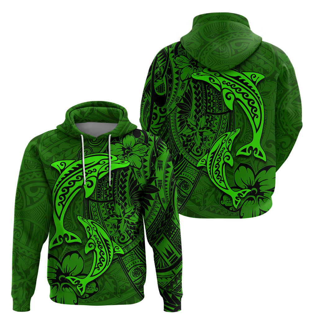 Polynesian Dolphin Valentine Day Hoodie Hibiscus and Tribal Tattoo Green Style LT03 - Polynesian Pride