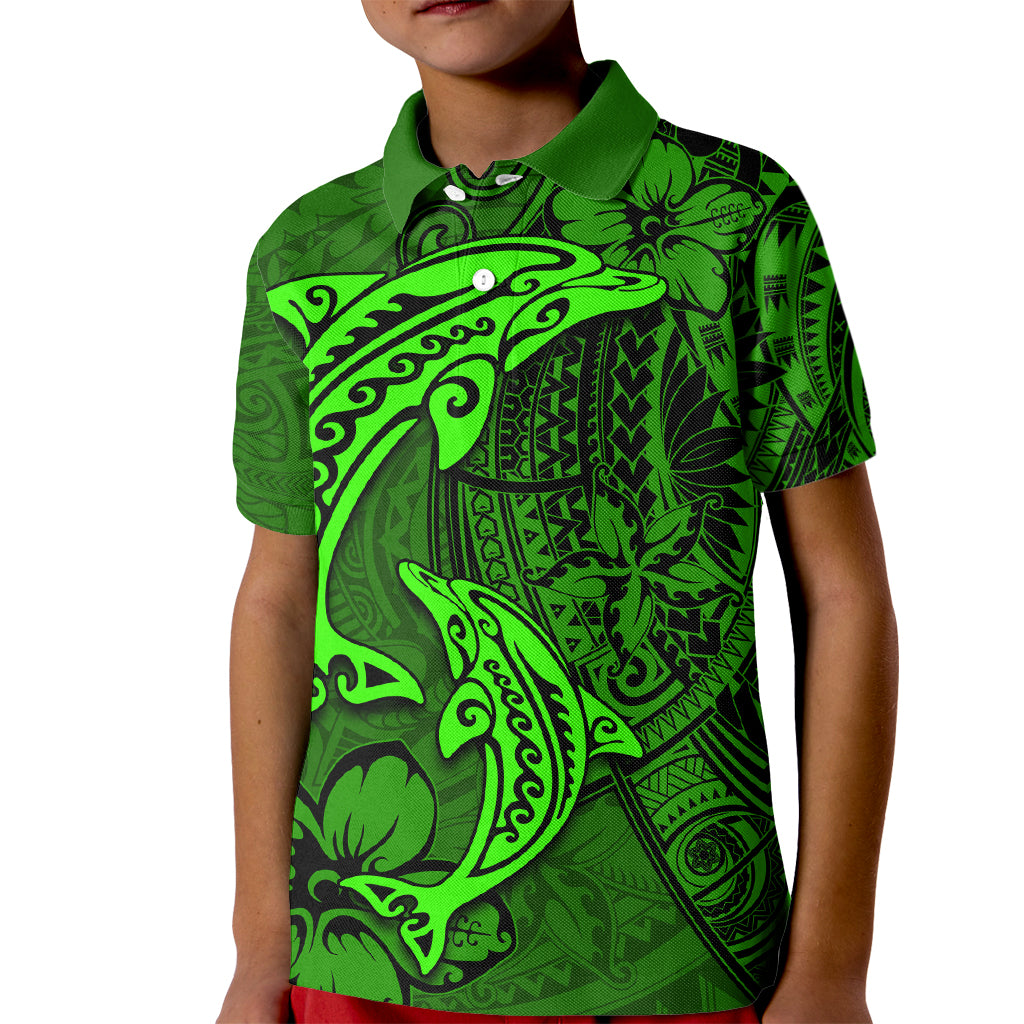 Polynesian Dolphin Valentine Day Kid Polo Shirt Hibiscus and Tribal Tattoo Green Style LT03 Kid Green - Polynesian Pride