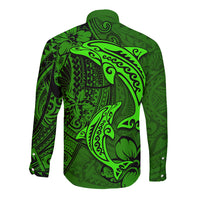 Polynesian Dolphin Valentine Day Long Sleeve Button Shirt Hibiscus and Tribal Tattoo Green Style LT03 - Polynesian Pride