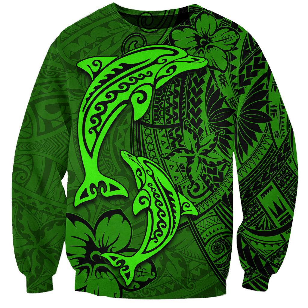 Polynesian Dolphin Valentine Day Sweatshirt Hibiscus and Tribal Tattoo Green Style LT03 Unisex Green - Polynesian Pride