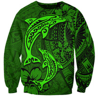 Polynesian Dolphin Valentine Day Sweatshirt Hibiscus and Tribal Tattoo Green Style LT03 Unisex Green - Polynesian Pride