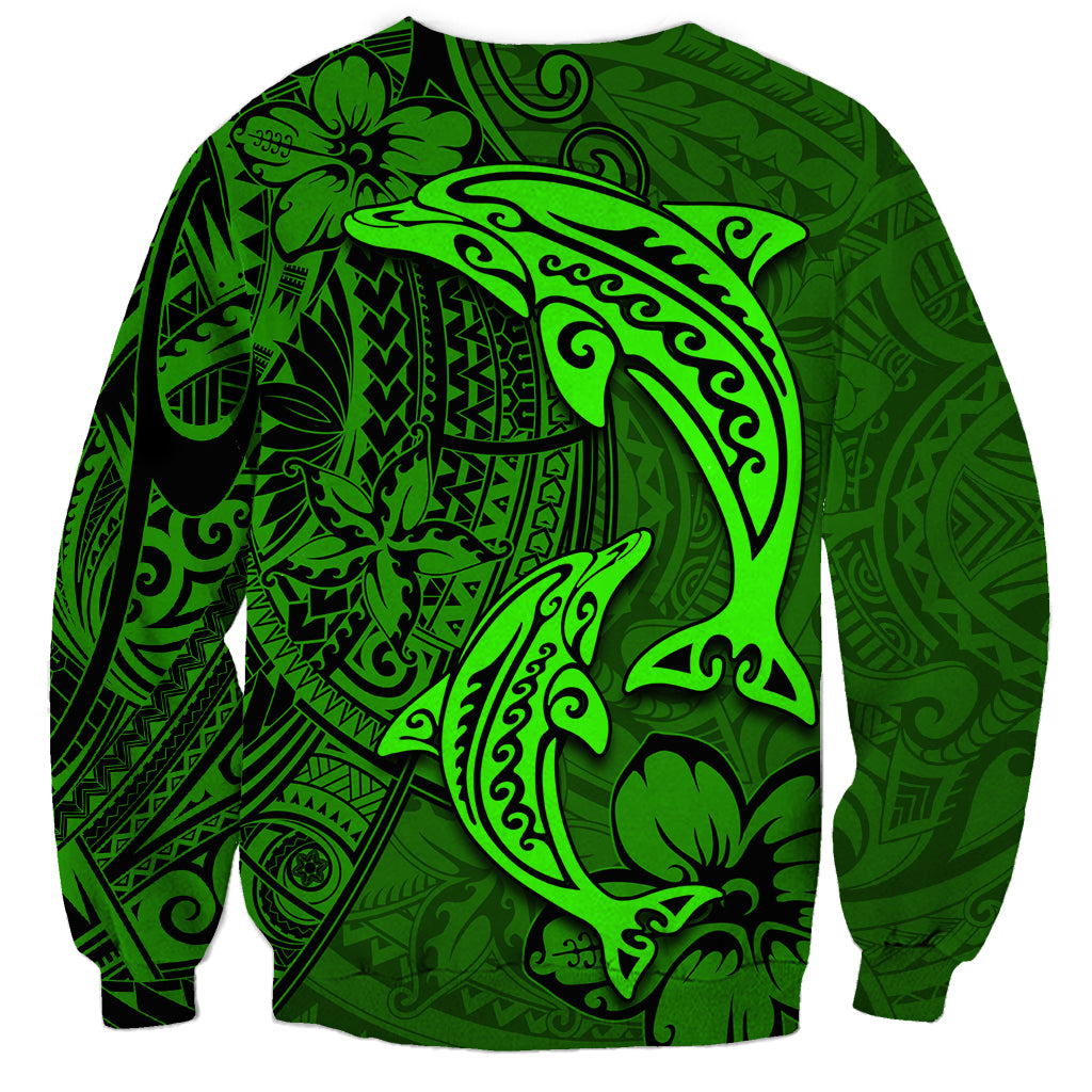Polynesian Dolphin Valentine Day Sweatshirt Hibiscus and Tribal Tattoo Green Style LT03 - Polynesian Pride