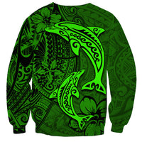 Polynesian Dolphin Valentine Day Sweatshirt Hibiscus and Tribal Tattoo Green Style LT03 - Polynesian Pride