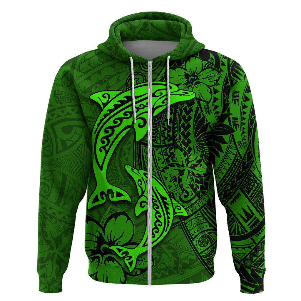 Polynesian Dolphin Valentine Day Zip Hoodie Hibiscus and Tribal Tattoo Green Style LT03 Zip Hoodie Green - Polynesian Pride