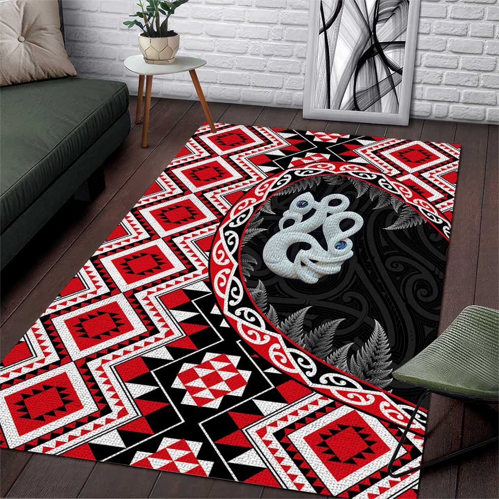 Red Taniko Motif Aotearoa Manaia and Silver Fern Area Rug
