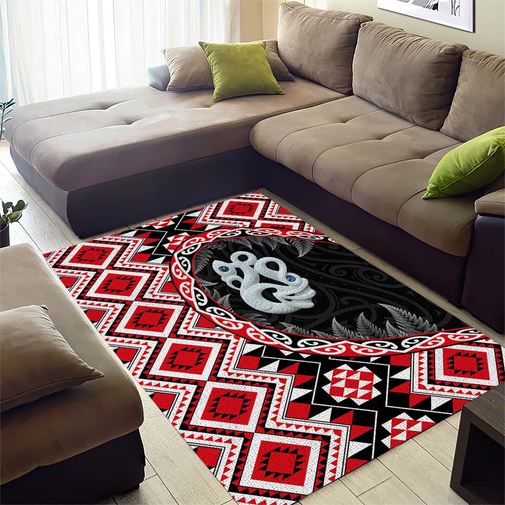 Red Taniko Motif Aotearoa Manaia and Silver Fern Area Rug