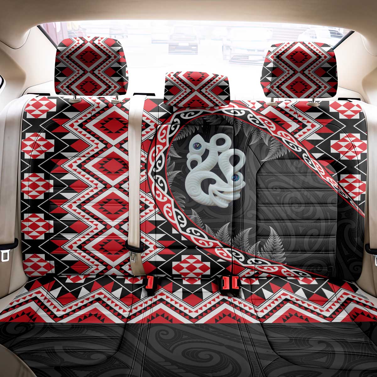 Red Taniko Motif Aotearoa Manaia and Silver Fern Back Car Seat Cover
