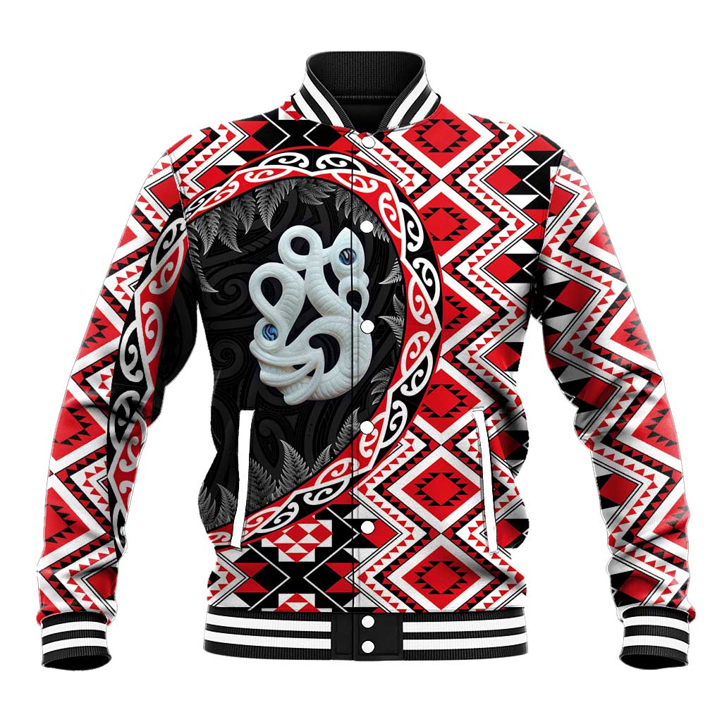 Red Taniko Motif Aotearoa Manaia and Silver Fern Baseball Jacket LT03 Unisex Red - Polynesian Pride