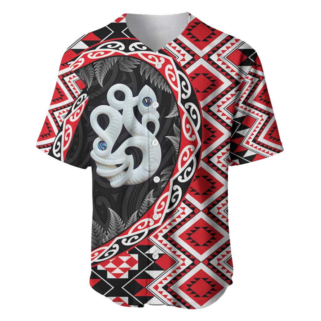 Red Taniko Motif Aotearoa Manaia and Silver Fern Baseball Jersey LT03 Red - Polynesian Pride