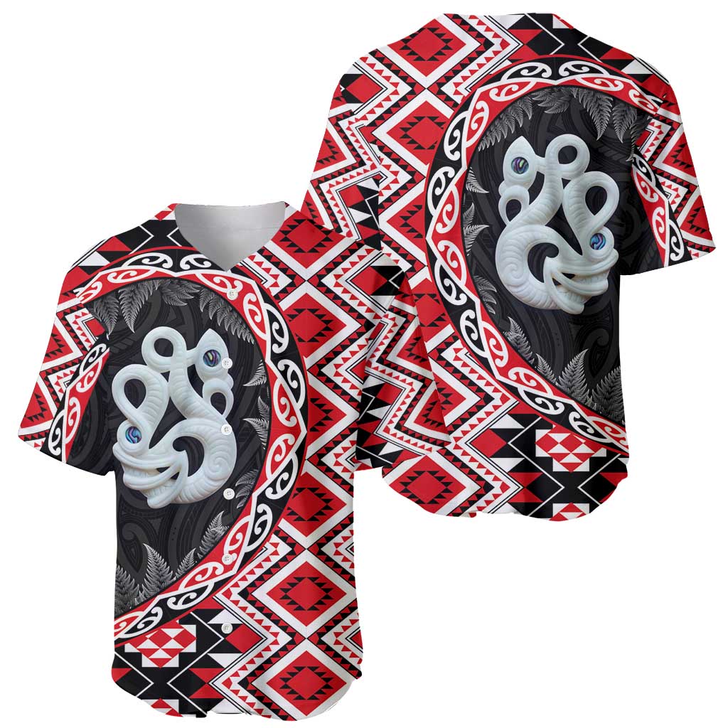Red Taniko Motif Aotearoa Manaia and Silver Fern Baseball Jersey LT03 - Polynesian Pride