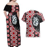 Red Taniko Motif Aotearoa Manaia and Silver Fern Couples Matching Off Shoulder Maxi Dress and Hawaiian Shirt LT03 - Polynesian Pride