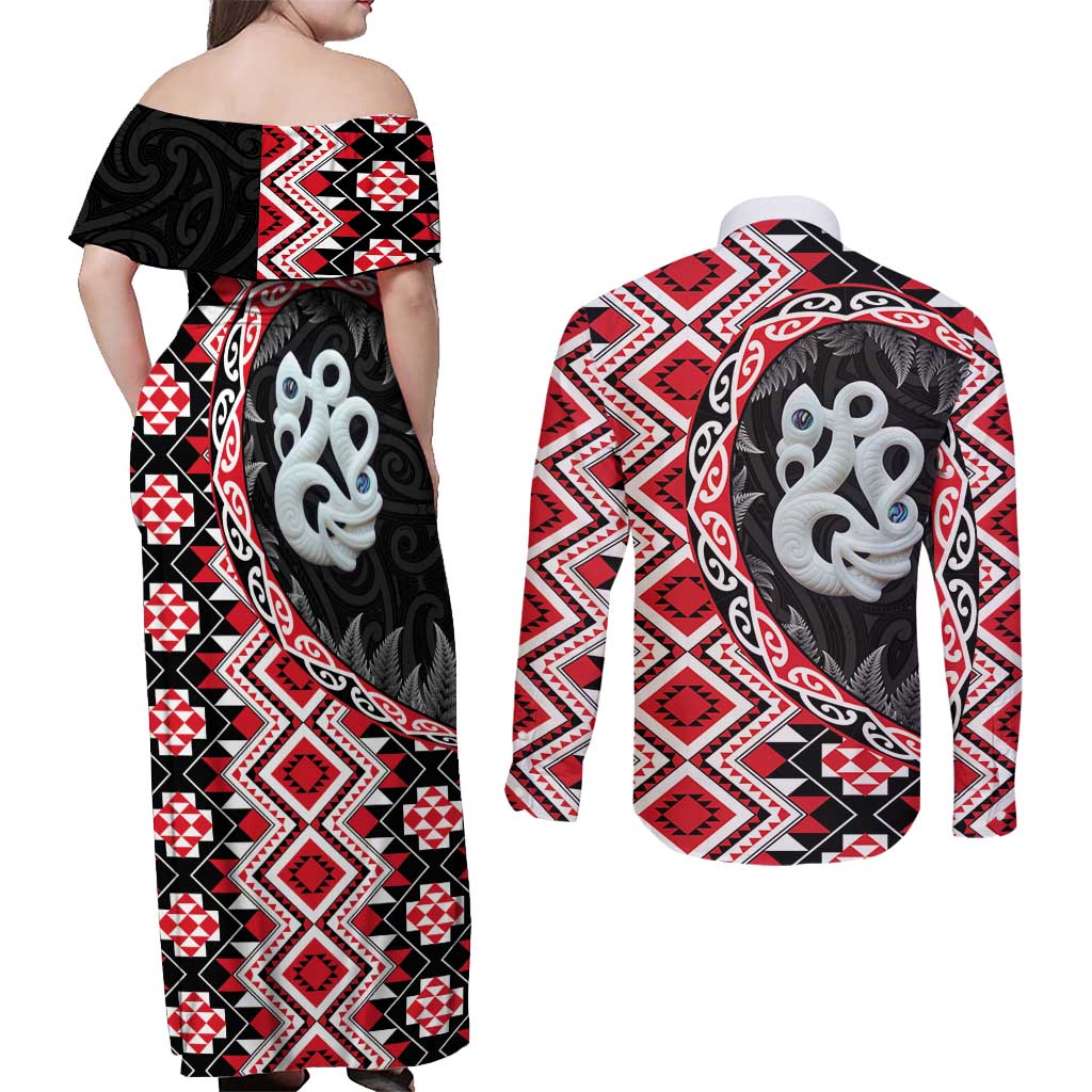 Red Taniko Motif Aotearoa Manaia and Silver Fern Couples Matching Off Shoulder Maxi Dress and Long Sleeve Button Shirt LT03 - Polynesian Pride
