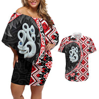 Red Taniko Motif Aotearoa Manaia and Silver Fern Couples Matching Off Shoulder Short Dress and Hawaiian Shirt LT03 Red - Polynesian Pride