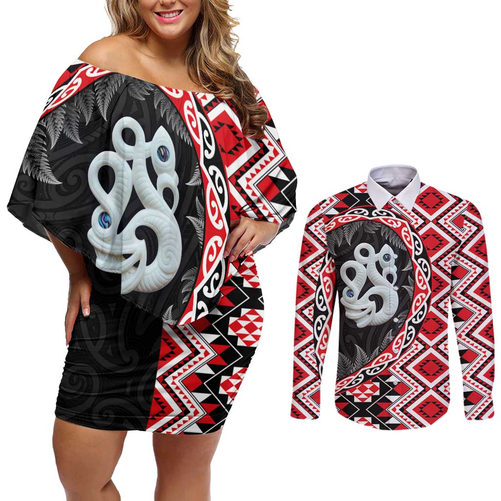 Red Taniko Motif Aotearoa Manaia and Silver Fern Couples Matching Off Shoulder Short Dress and Long Sleeve Button Shirt LT03 Red - Polynesian Pride