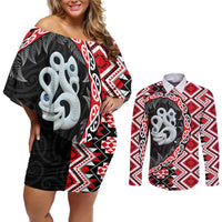 Red Taniko Motif Aotearoa Manaia and Silver Fern Couples Matching Off Shoulder Short Dress and Long Sleeve Button Shirt LT03 Red - Polynesian Pride