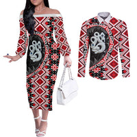 Red Taniko Motif Aotearoa Manaia and Silver Fern Couples Matching Off The Shoulder Long Sleeve Dress and Long Sleeve Button Shirt LT03 Red - Polynesian Pride