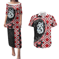 Red Taniko Motif Aotearoa Manaia and Silver Fern Couples Matching Puletasi and Hawaiian Shirt LT03 Red - Polynesian Pride