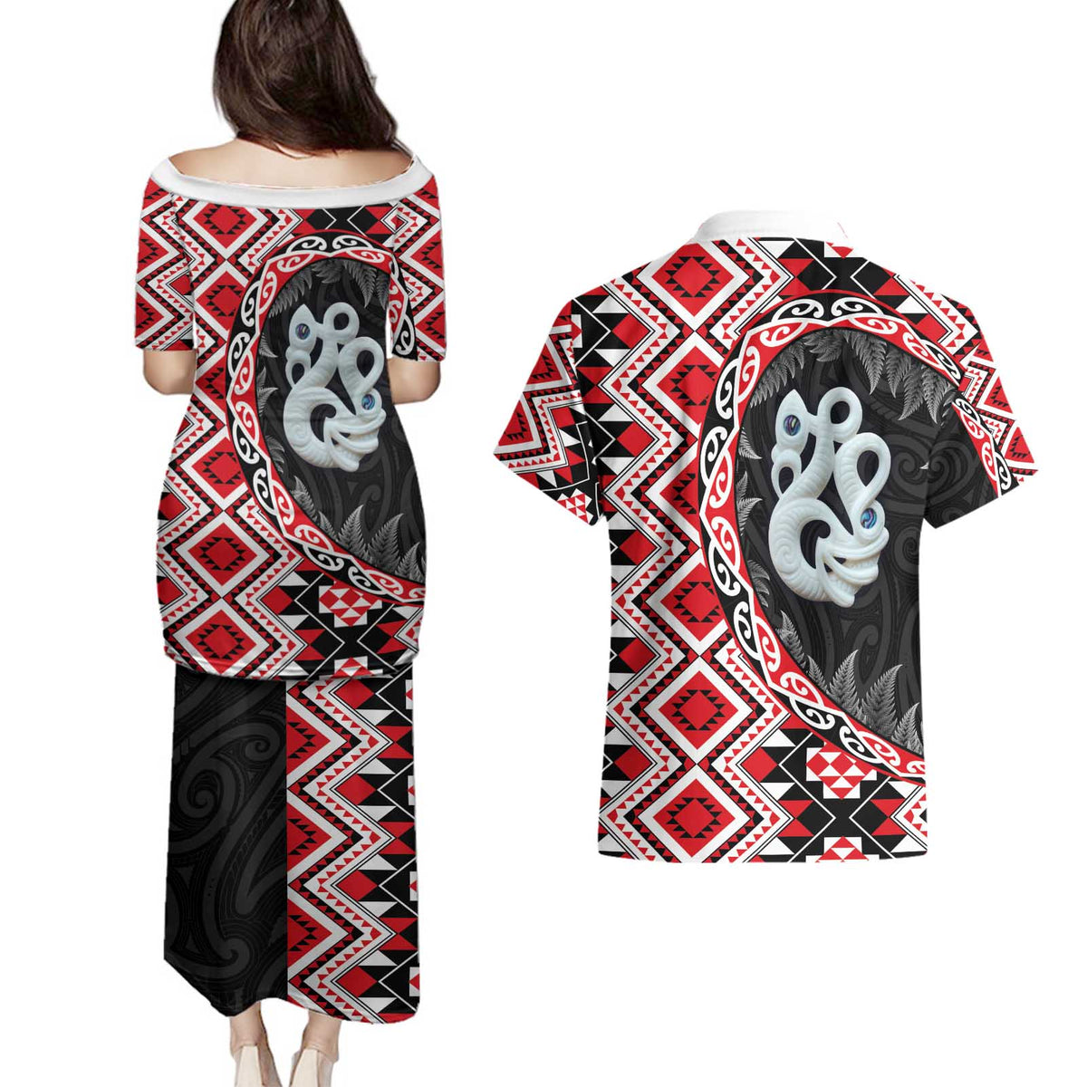 Red Taniko Motif Aotearoa Manaia and Silver Fern Couples Matching Puletasi and Hawaiian Shirt LT03 - Polynesian Pride