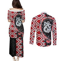 Red Taniko Motif Aotearoa Manaia and Silver Fern Couples Matching Puletasi and Long Sleeve Button Shirt LT03 - Polynesian Pride
