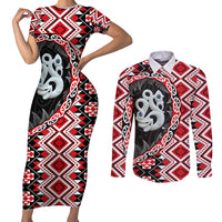 Red Taniko Motif Aotearoa Manaia and Silver Fern Couples Matching Short Sleeve Bodycon Dress and Long Sleeve Button Shirt LT03 Red - Polynesian Pride