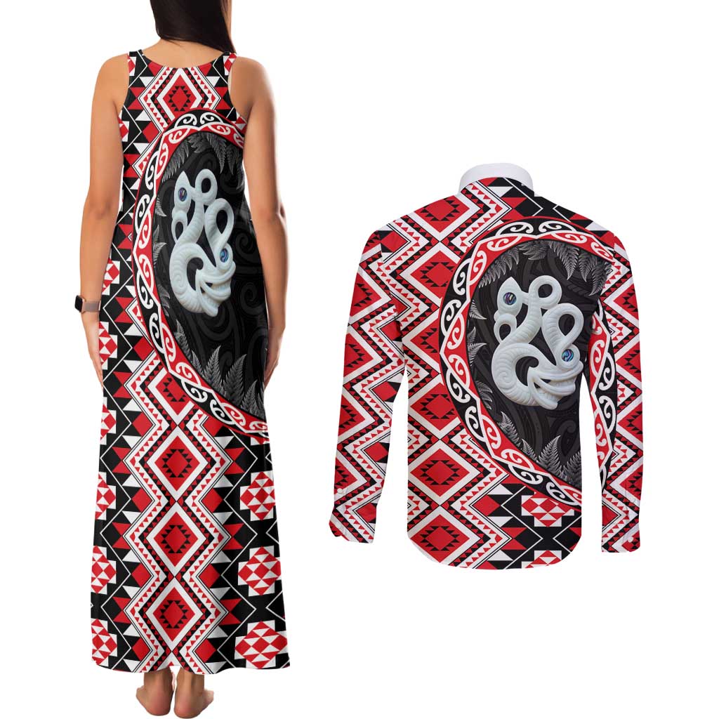 Red Taniko Motif Aotearoa Manaia and Silver Fern Couples Matching Tank Maxi Dress and Long Sleeve Button Shirt LT03 - Polynesian Pride
