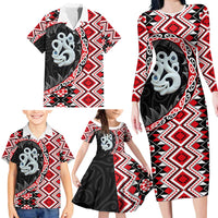 Red Taniko Motif Aotearoa Manaia and Silver Fern Family Matching Long Sleeve Bodycon Dress and Hawaiian Shirt LT03 - Polynesian Pride