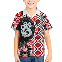 Red Taniko Motif Aotearoa Manaia and Silver Fern Family Matching Long Sleeve Bodycon Dress and Hawaiian Shirt LT03 Son's Shirt Red - Polynesian Pride
