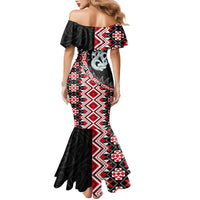 Red Taniko Motif Aotearoa Manaia and Silver Fern Family Matching Mermaid Dress and Hawaiian Shirt LT03 - Polynesian Pride
