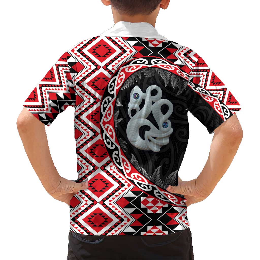 Red Taniko Motif Aotearoa Manaia and Silver Fern Family Matching Off Shoulder Maxi Dress and Hawaiian Shirt LT03 - Polynesian Pride
