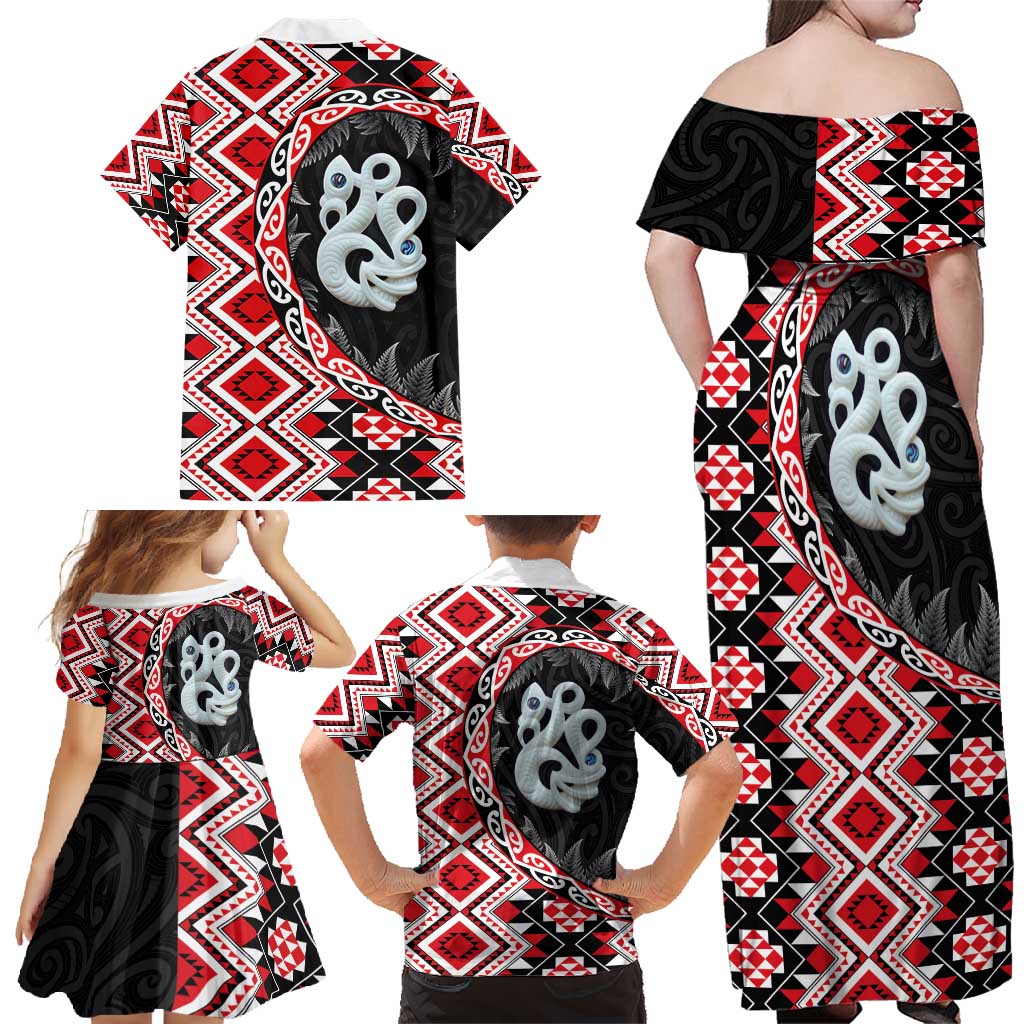 Red Taniko Motif Aotearoa Manaia and Silver Fern Family Matching Off Shoulder Maxi Dress and Hawaiian Shirt LT03 - Polynesian Pride