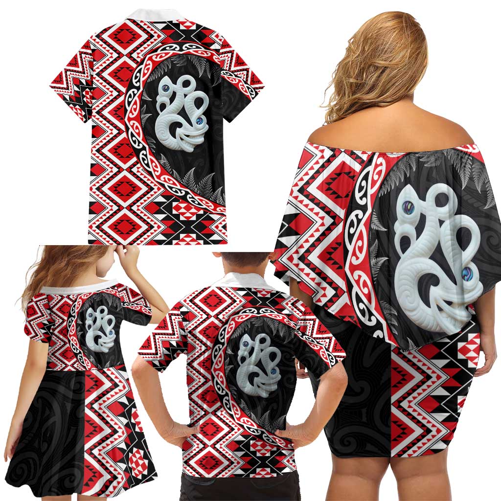 Red Taniko Motif Aotearoa Manaia and Silver Fern Family Matching Off Shoulder Short Dress and Hawaiian Shirt LT03 - Polynesian Pride