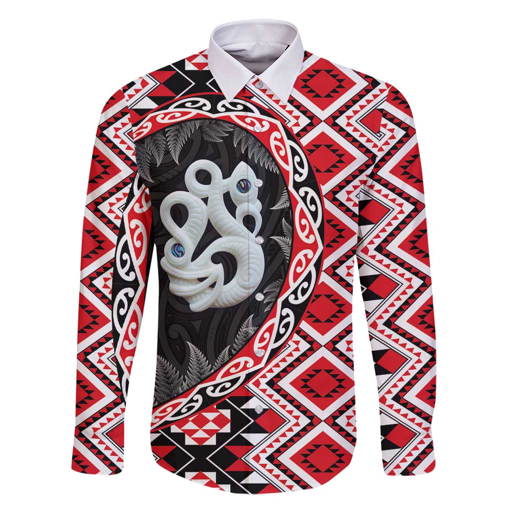 Red Taniko Motif Aotearoa Manaia and Silver Fern Family Matching Off Shoulder Short Dress and Hawaiian Shirt LT03 Dad's Shirt - Long Sleeve Red - Polynesian Pride