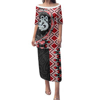 Red Taniko Motif Aotearoa Manaia and Silver Fern Family Matching Puletasi and Hawaiian Shirt