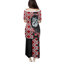 Red Taniko Motif Aotearoa Manaia and Silver Fern Family Matching Puletasi and Hawaiian Shirt