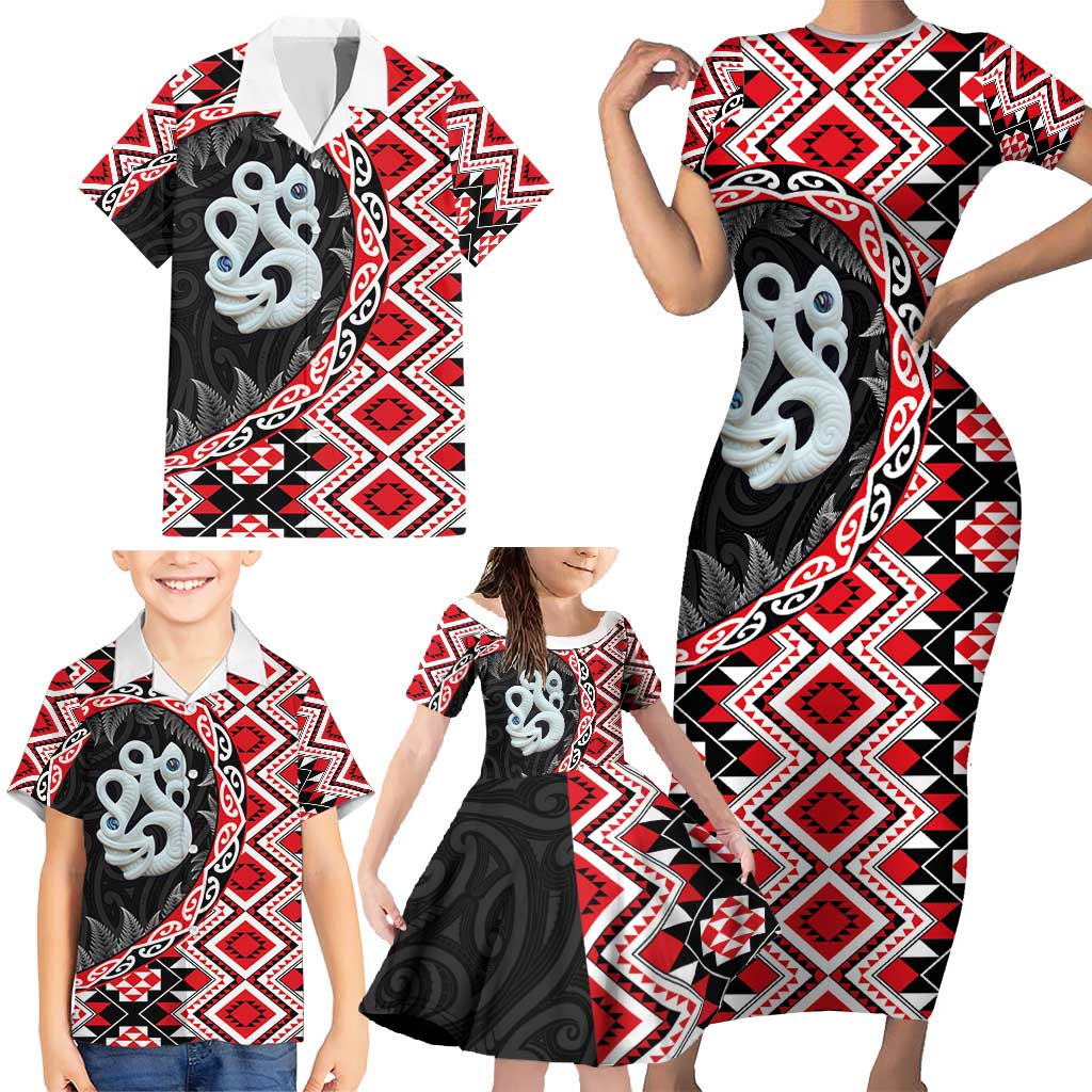 Red Taniko Motif Aotearoa Manaia and Silver Fern Family Matching Short Sleeve Bodycon Dress and Hawaiian Shirt LT03 - Polynesian Pride