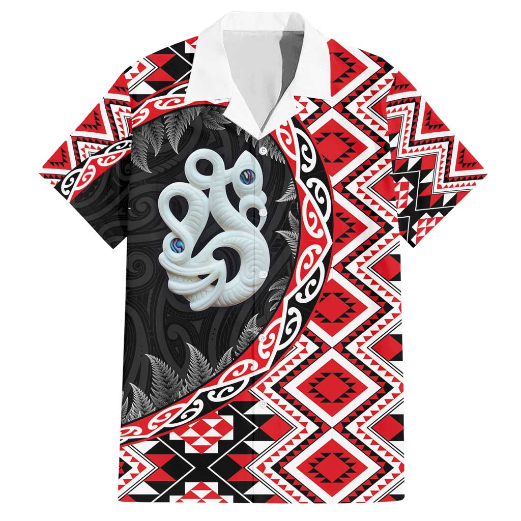 Red Taniko Motif Aotearoa Manaia and Silver Fern Family Matching Short Sleeve Bodycon Dress and Hawaiian Shirt LT03 Dad's Shirt - Short Sleeve Red - Polynesian Pride