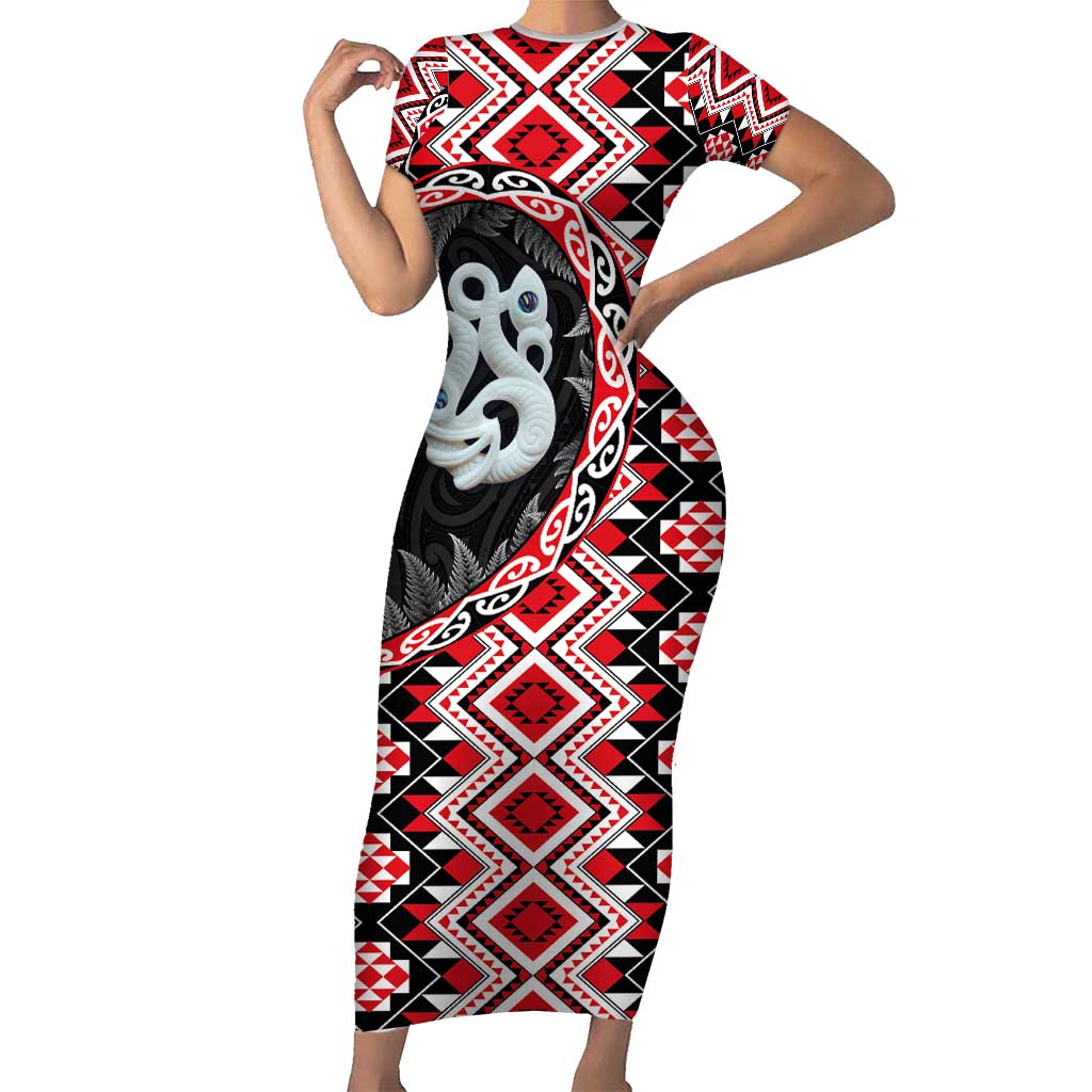 Red Taniko Motif Aotearoa Manaia and Silver Fern Family Matching Short Sleeve Bodycon Dress and Hawaiian Shirt LT03 Mom's Dress Red - Polynesian Pride