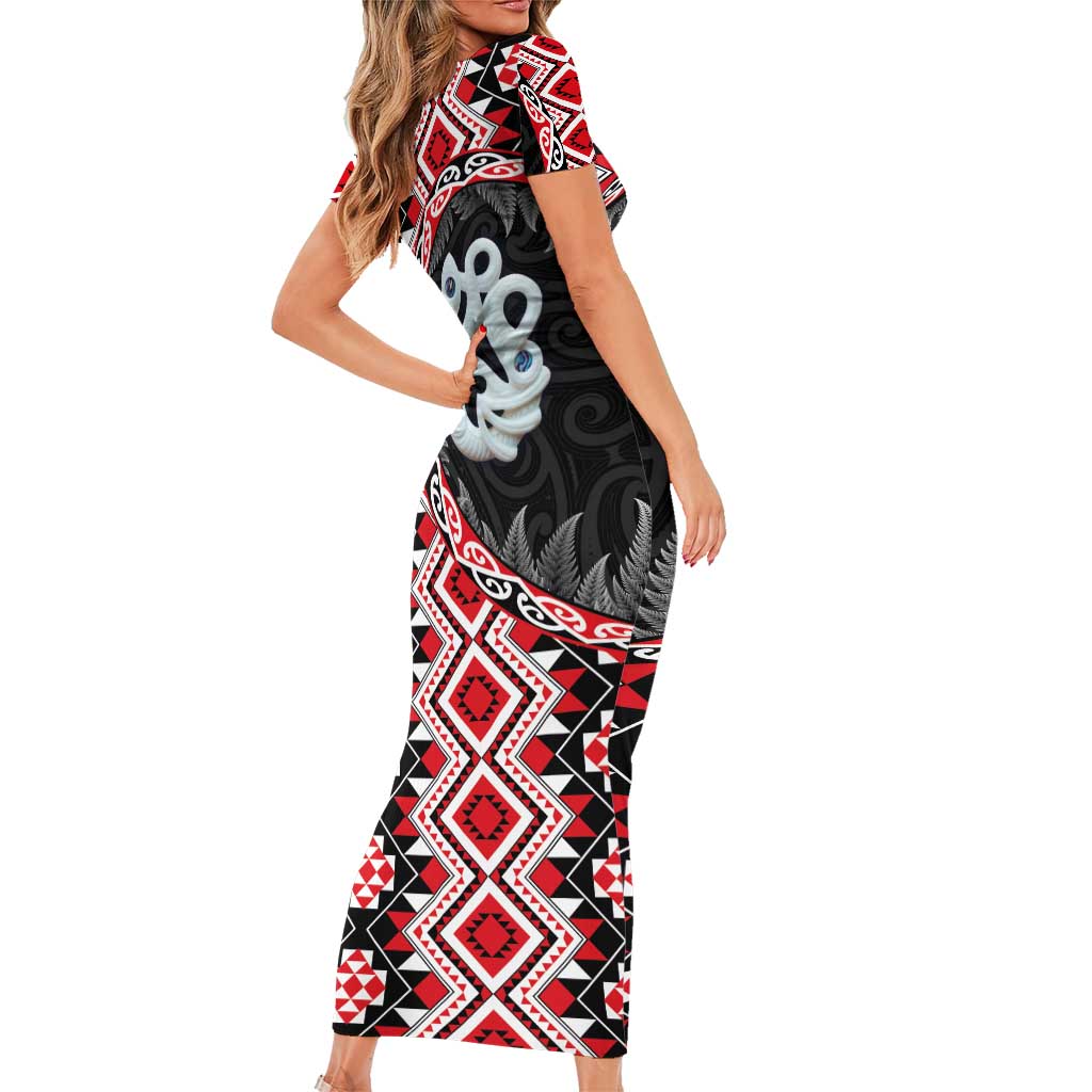 Red Taniko Motif Aotearoa Manaia and Silver Fern Family Matching Short Sleeve Bodycon Dress and Hawaiian Shirt LT03 - Polynesian Pride