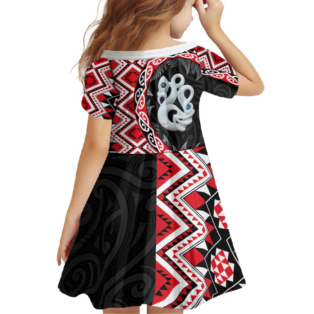 Red Taniko Motif Aotearoa Manaia and Silver Fern Family Matching Summer Maxi Dress and Hawaiian Shirt LT03 - Polynesian Pride
