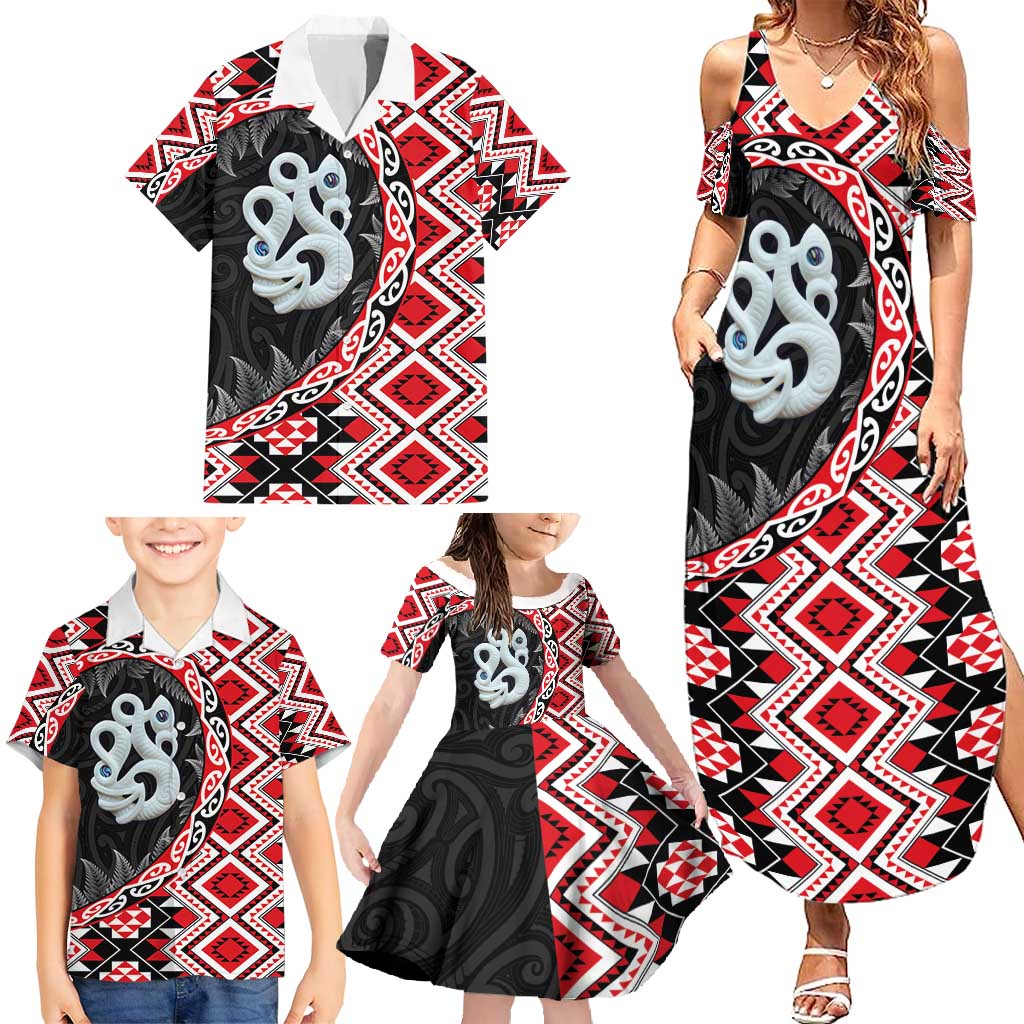 Red Taniko Motif Aotearoa Manaia and Silver Fern Family Matching Summer Maxi Dress and Hawaiian Shirt LT03 - Polynesian Pride
