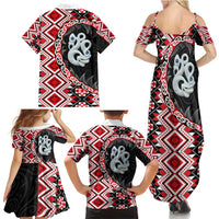 Red Taniko Motif Aotearoa Manaia and Silver Fern Family Matching Summer Maxi Dress and Hawaiian Shirt LT03 - Polynesian Pride