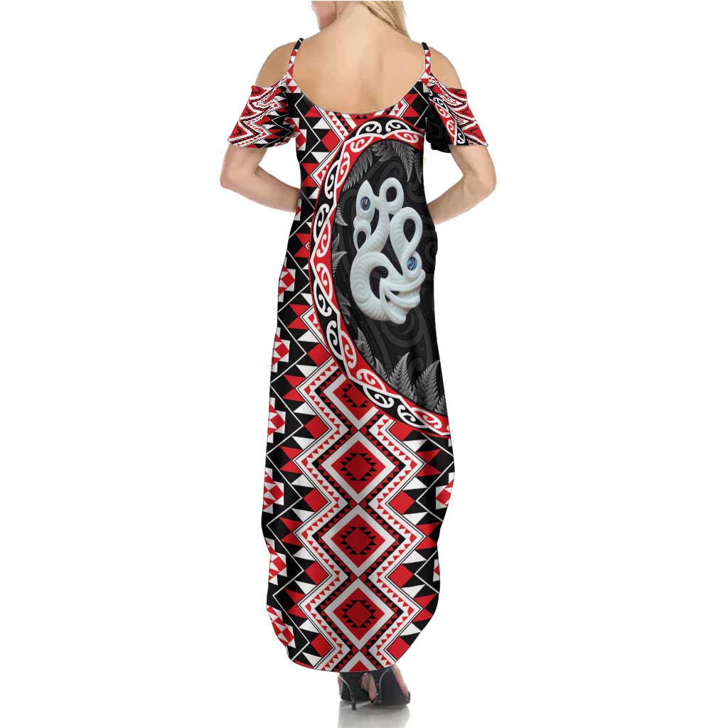 Red Taniko Motif Aotearoa Manaia and Silver Fern Family Matching Summer Maxi Dress and Hawaiian Shirt LT03 - Polynesian Pride