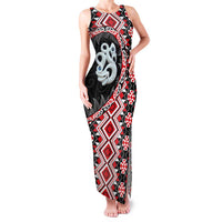 Red Taniko Motif Aotearoa Manaia and Silver Fern Family Matching Tank Maxi Dress and Hawaiian Shirt LT03 Mom's Dress Red - Polynesian Pride