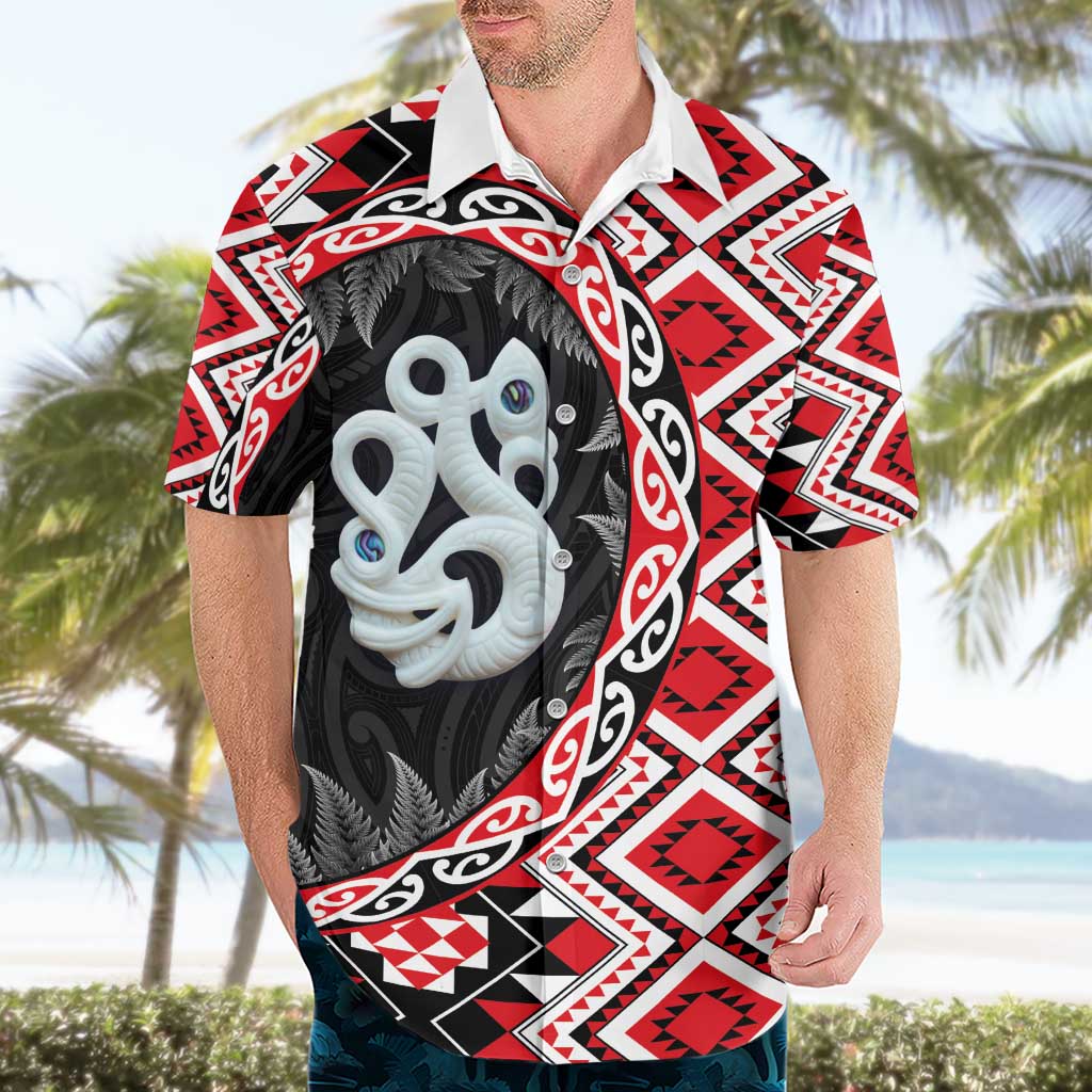 Red Taniko Motif Aotearoa Manaia and Silver Fern Hawaiian Shirt