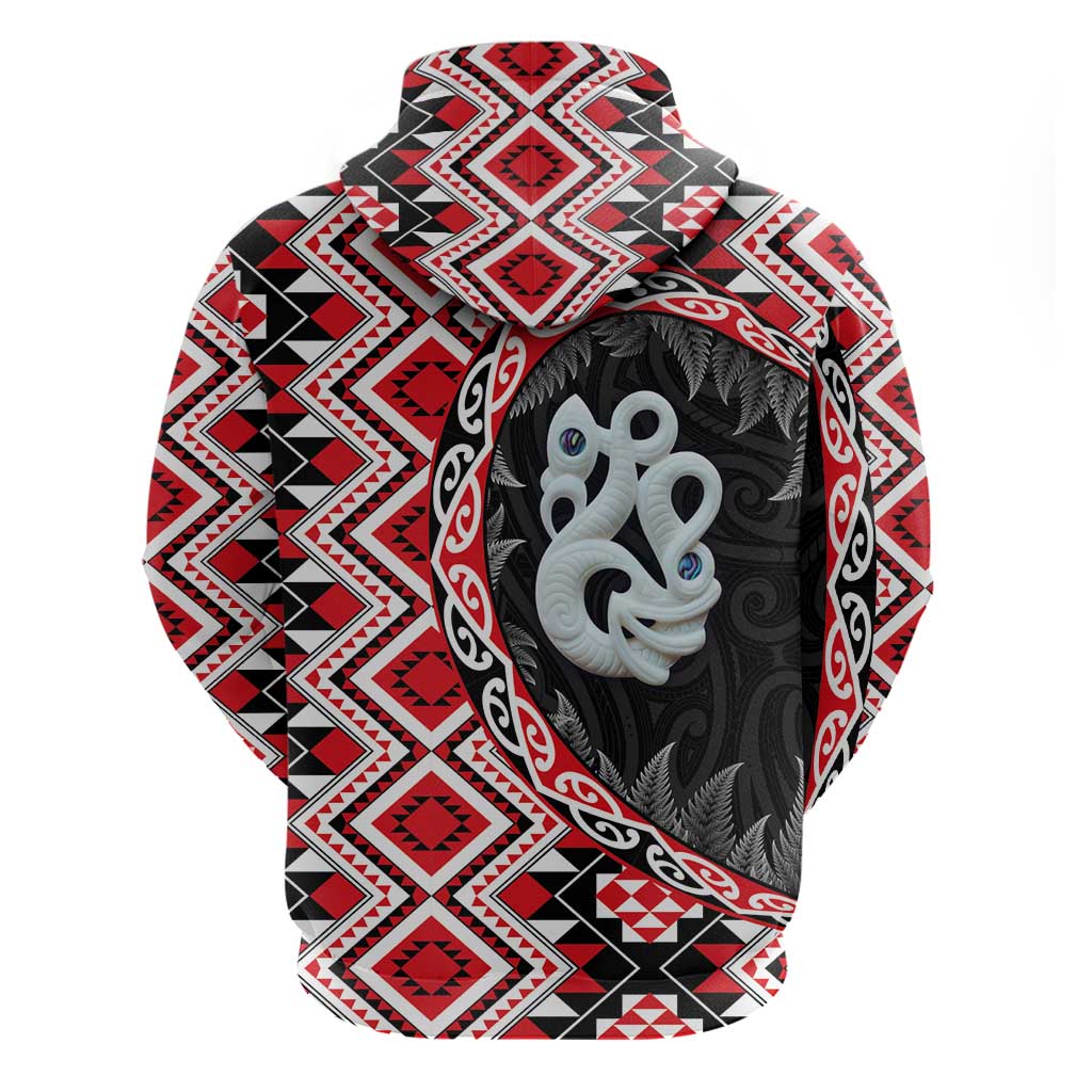 Red Taniko Motif Aotearoa Manaia and Silver Fern Hoodie