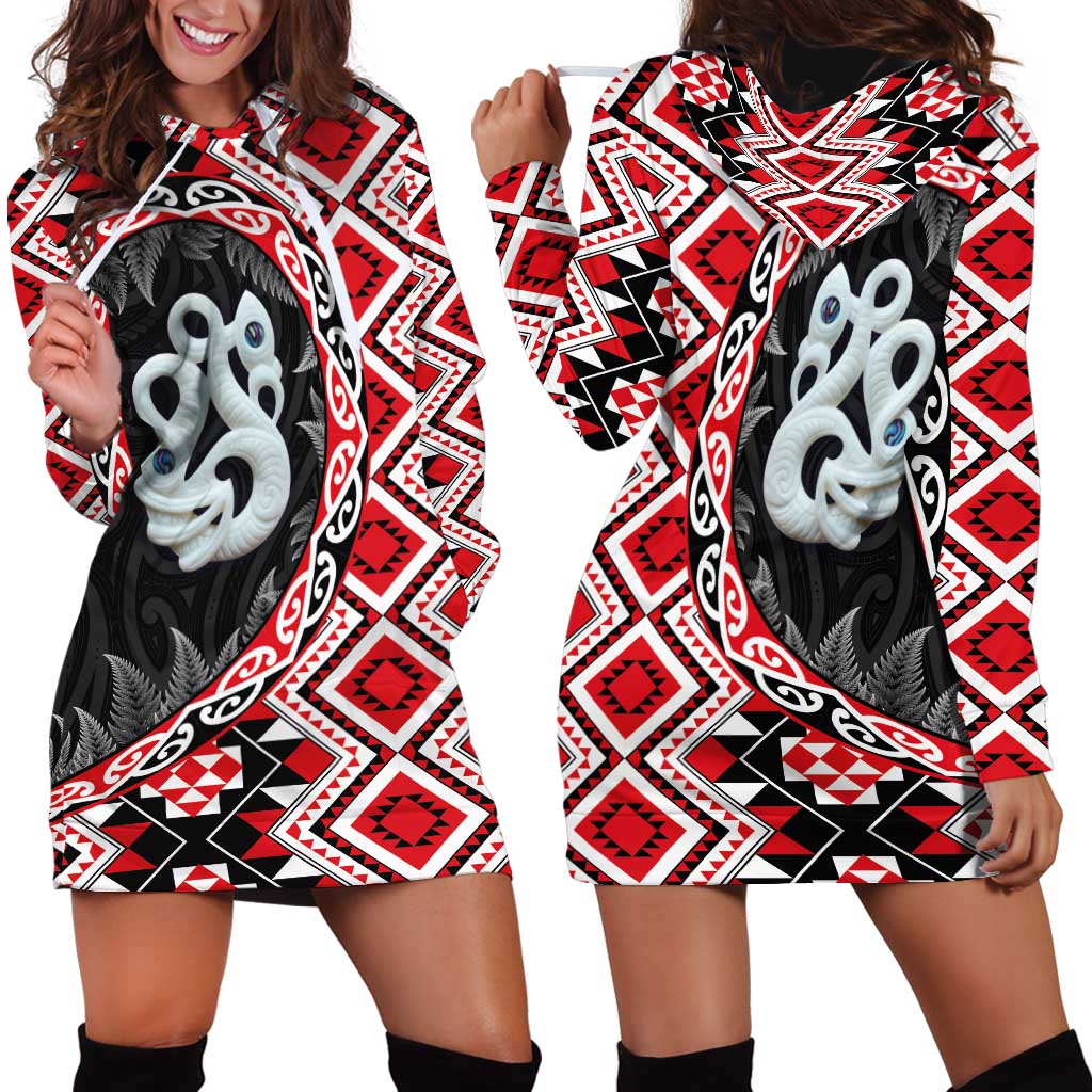 Red Taniko Motif Aotearoa Manaia and Silver Fern Hoodie Dress