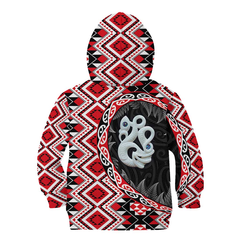 Red Taniko Motif Aotearoa Manaia and Silver Fern Kid Hoodie