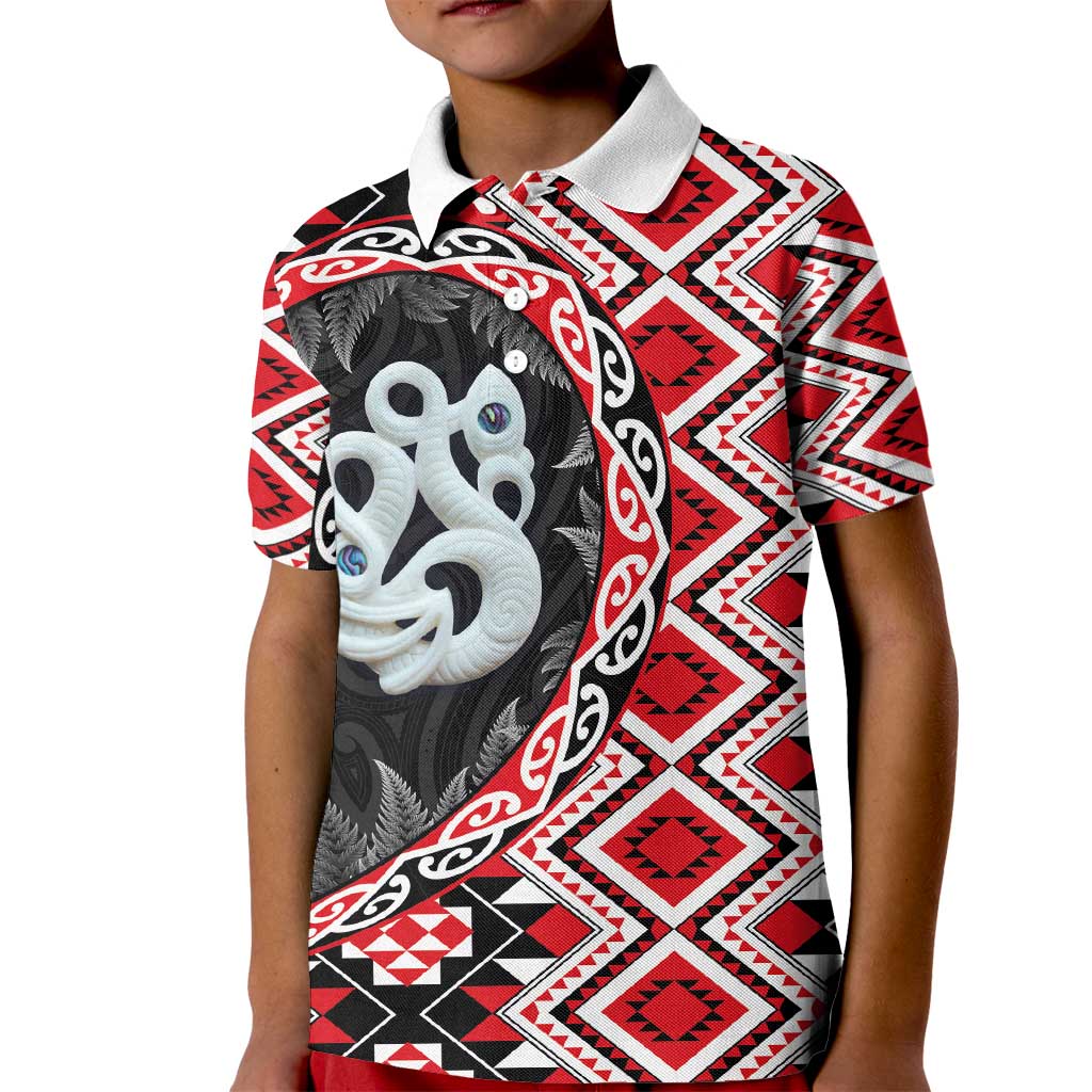 Red Taniko Motif Aotearoa Manaia and Silver Fern Kid Polo Shirt LT03 Kid Red - Polynesian Pride