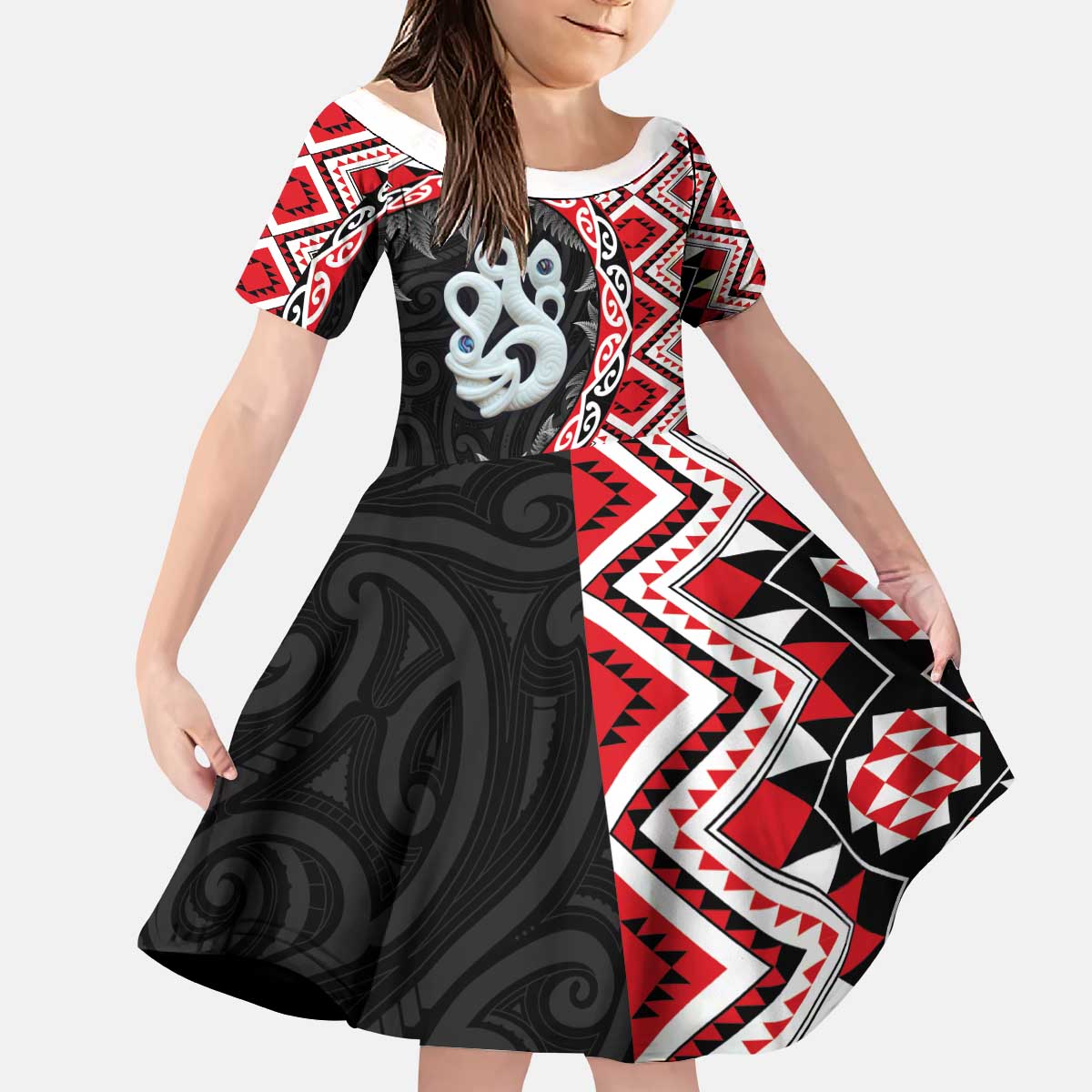 Red Taniko Motif Aotearoa Manaia and Silver Fern Kid Short Sleeve Dress
